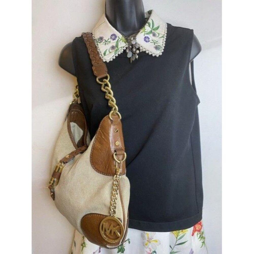 michael kors handbag tan brown fabric hobo bag - Picture 7 of 12